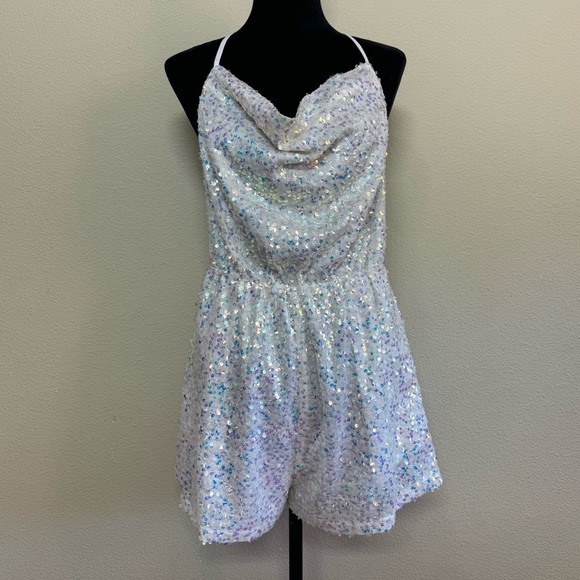cloud ten Pants - Cloud Ten romper women large cowl neck open back sequin halter one piece white